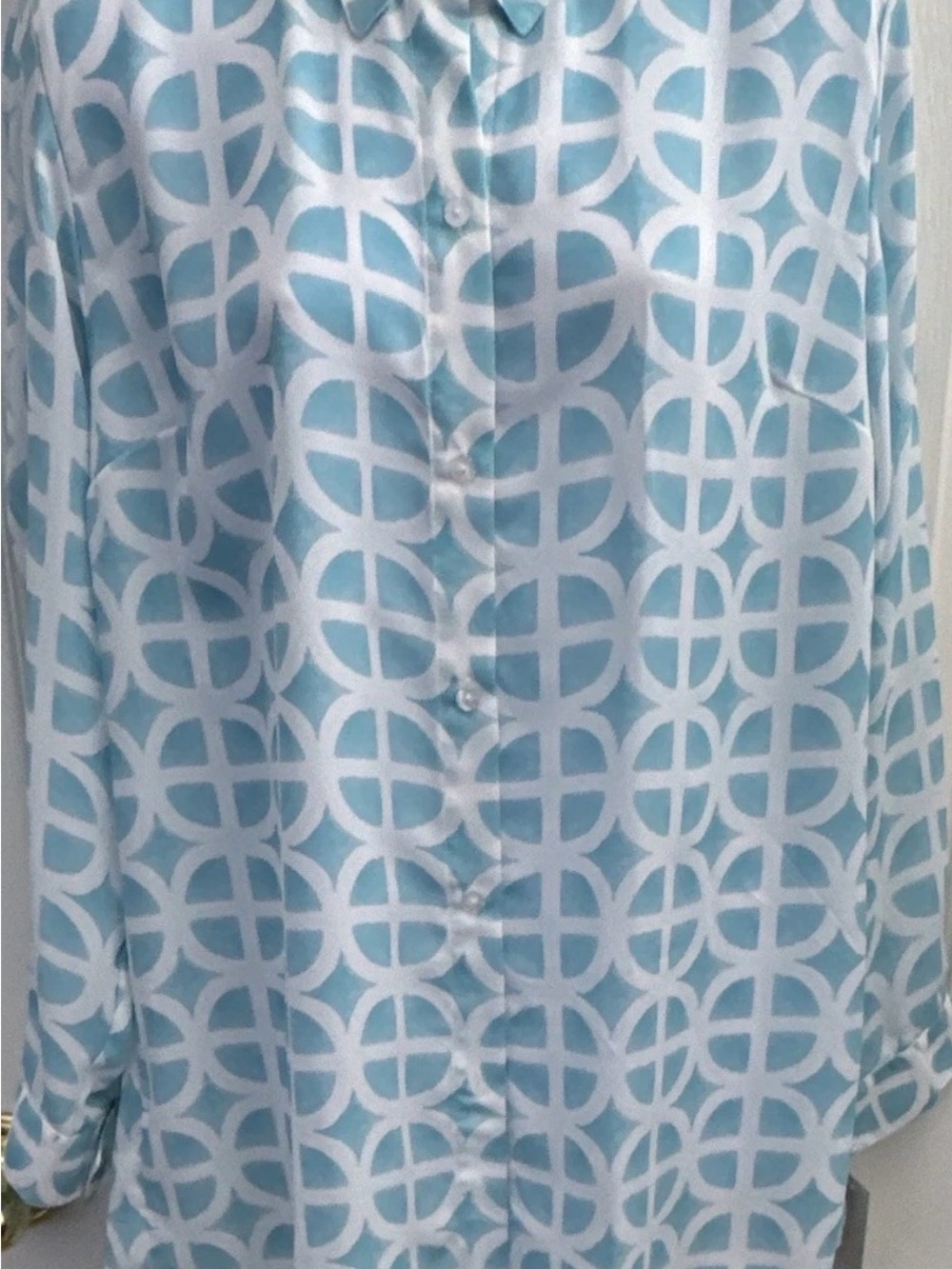 Kenny Flowers Resort Shirt Blue and White Geometric Button-Up Tunic NWT
